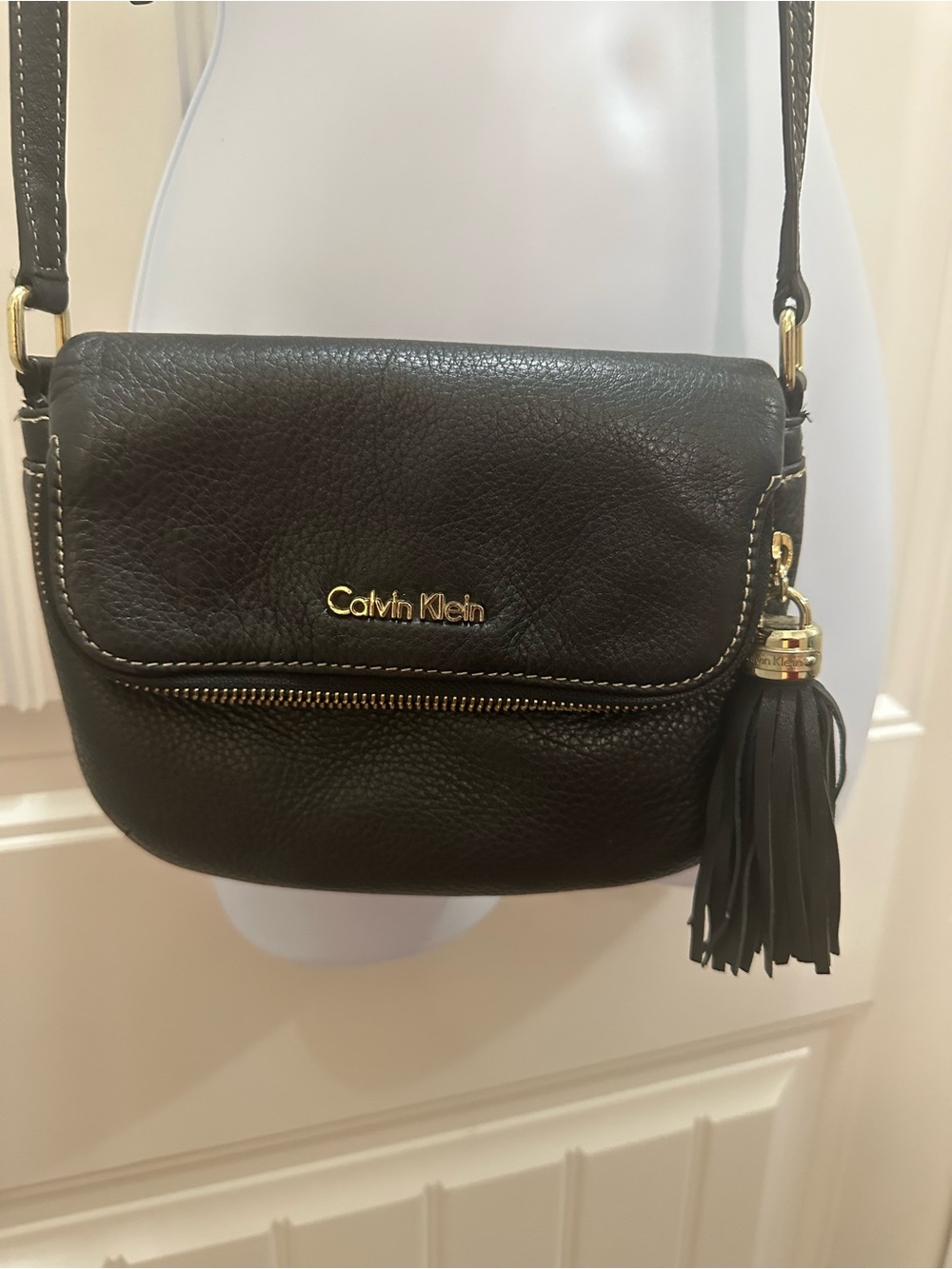 Calvin Klein Black Pebbled Leather Crossbody with Tassel